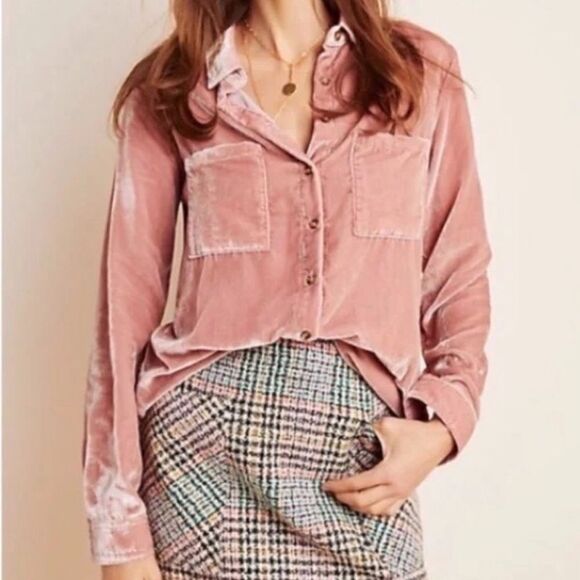 Anthropologie Maeve Karina Crushed Velvet Shirt Size US 2 Small Dust Pink - Picture 3 of 15